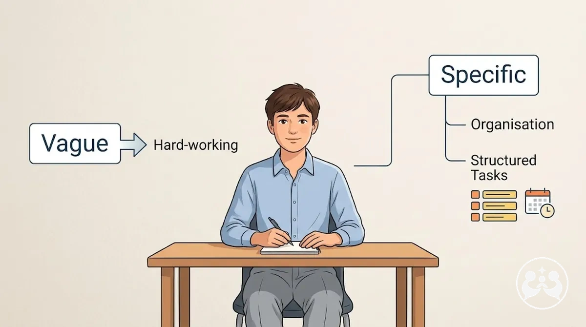 Annotated example of vague versus specific strength wording for an interview