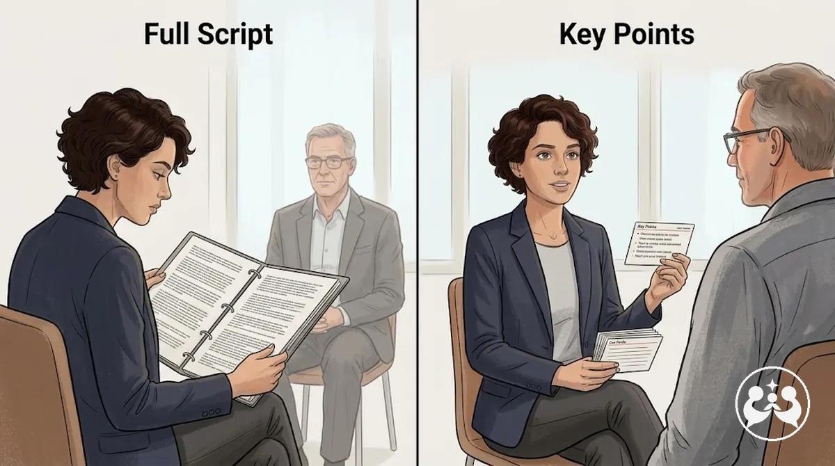 Candidate comparing exact script recall with flexible key-point practice for interview answers
