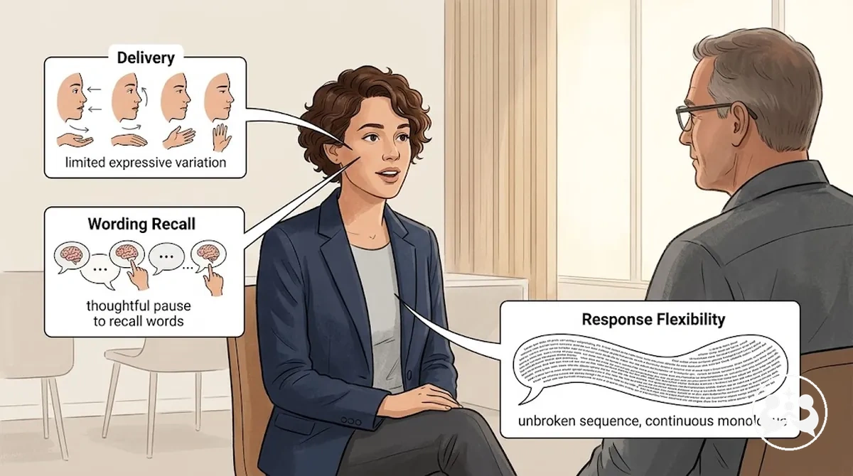 Candidate answering an interviewer with delivery, wording-recall, and response-flexibility cues