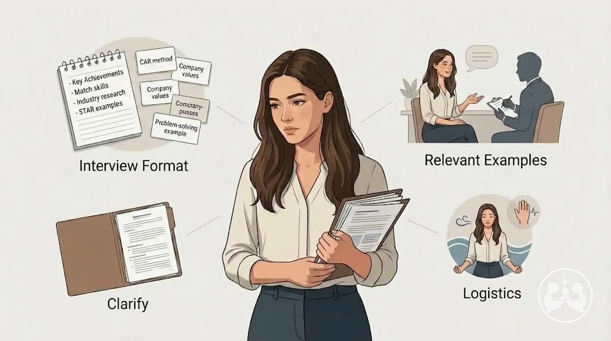 Internship candidate checking focused preparation details before an interview