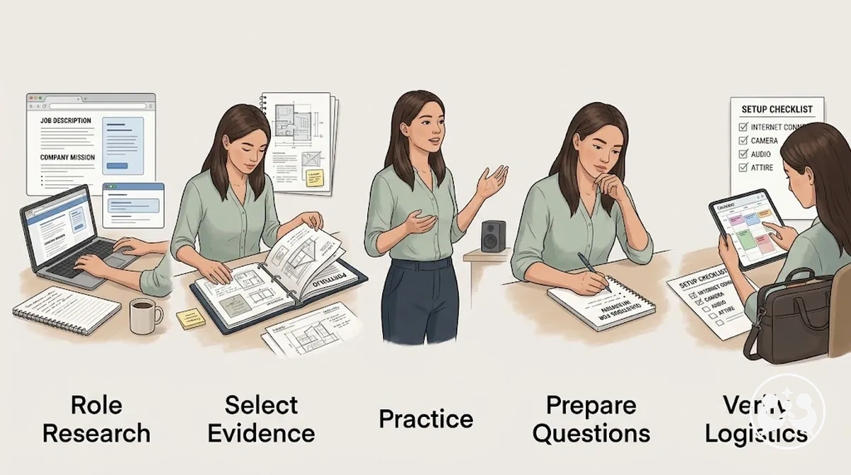 Secuencia de preparación para una entrevista de prácticas: desde la investigación del puesto hasta la logística de la entrevista