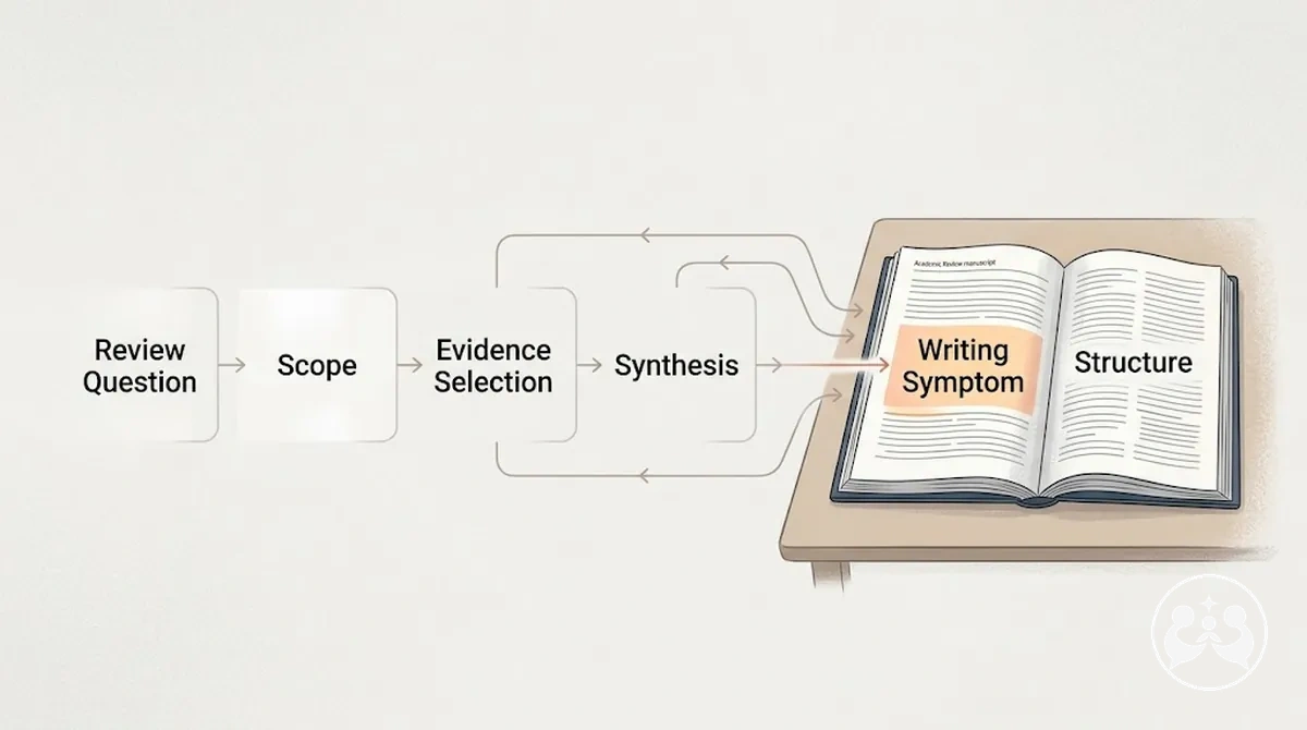 Diagramme montrant les sources possibles en amont des problèmes de rédaction d'un article de synthèse