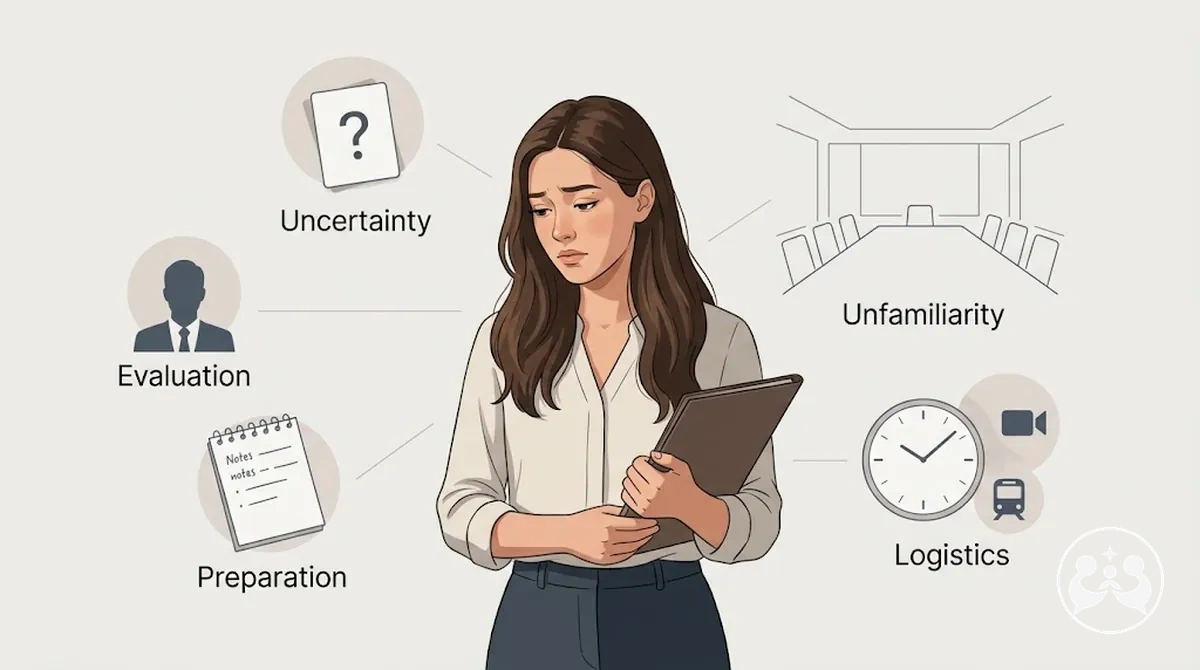 Candidat en stage réfléchissant au moment et aux déclencheurs possibles de son stress d’entretien