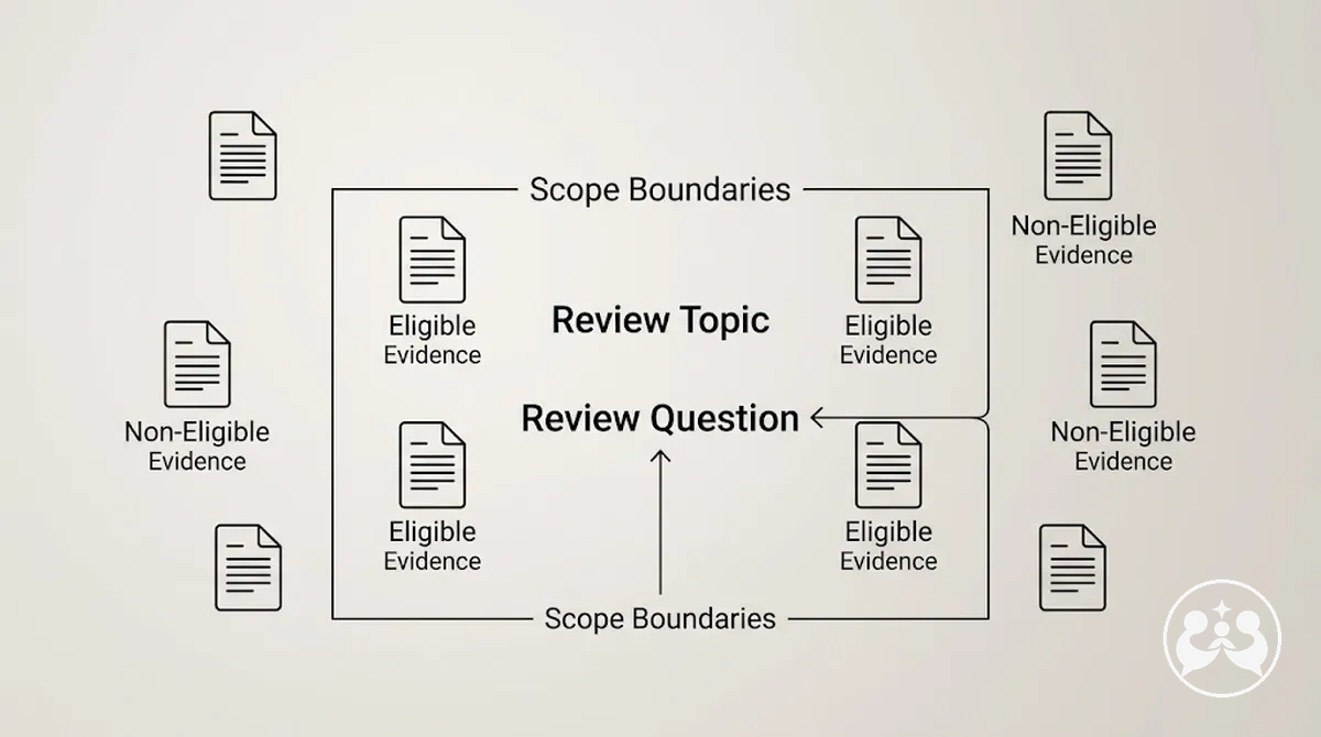 Diagramme reliant les limites de la portée et de la question de synthèse à l'éligibilité des preuves