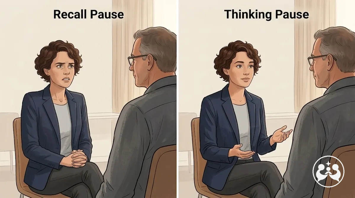 Candidat faisant une pause pendant un entretien avant de poursuivre une réponse avec une formulation flexible ou figée