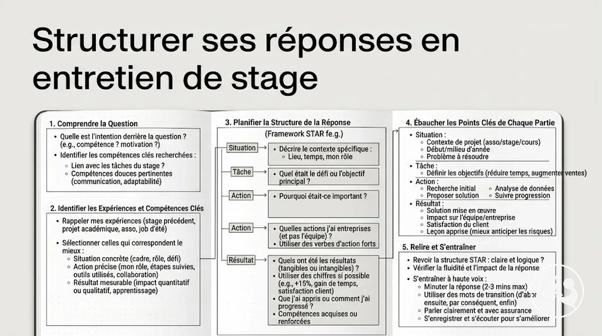 Notes structurées pour préparer des réponses claires en entretien de stage