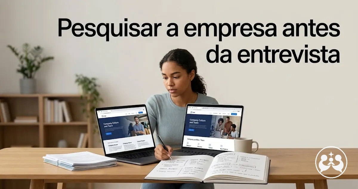 Estudante pesquisando uma empresa antes de uma entrevista de estágio