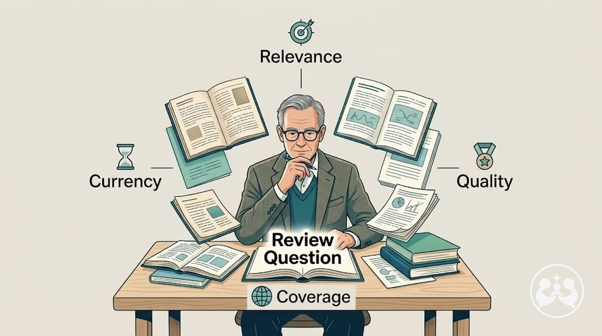 Pesquisador avaliando fontes de artigo de revisão quanto à relevância, qualidade, atualidade e cobertura